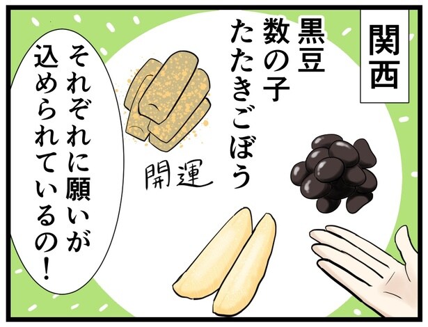 関西では祝い肴は黒豆、数の子、たたきごぼう→次へ