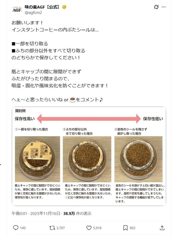 話題となった「インスタントコーヒーの内ぶた」のポスト▶写真付きで分かりやすい説明です(⇒次へ)