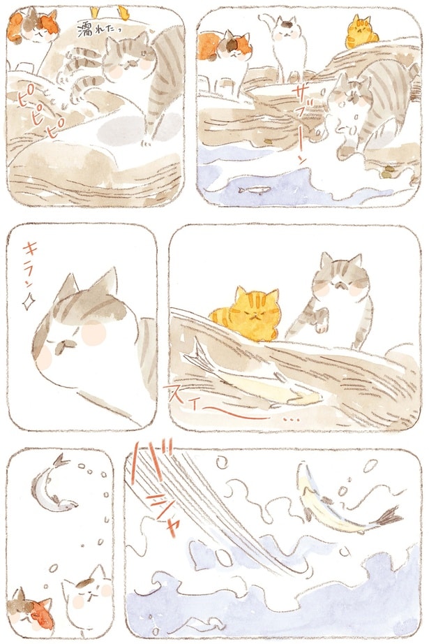 釣れた魚を見る猫