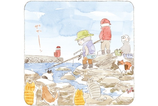 釣り人のそばには猫たち。ゆったりとした時間が流れる島の日常