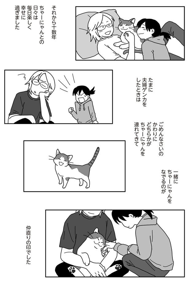 一緒にちゃーにゃんをなでるのが　仲直りの印でした