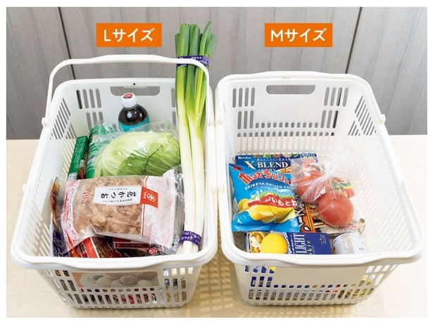 Q.カゴ1つ分の袋の目安が知りたい→レジ袋のサイズがMの場合、カゴの約半分、Lの場合はカゴの7割程度が入る