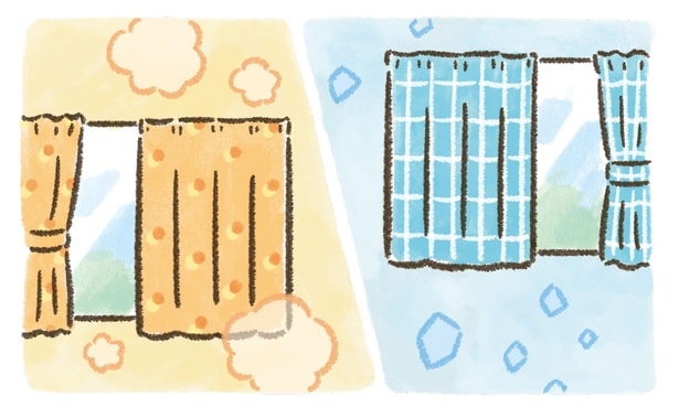 冬のカーテンを暖色にするだけで暖かく感じる