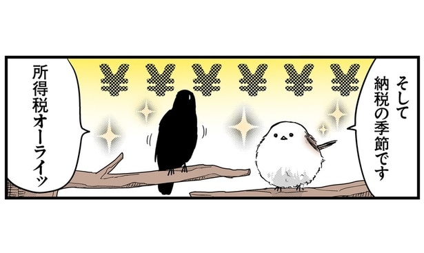 始まる雪解け、納税の季節。春が訪れたことを喜ぶシマエナガとカラスさん