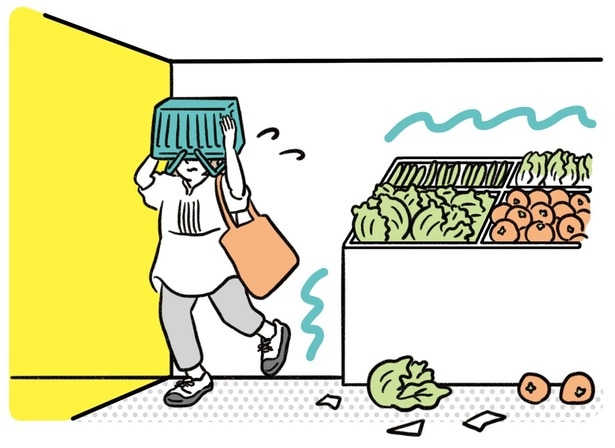 バッグや買い物カゴで頭を守り、広い場所へ避難