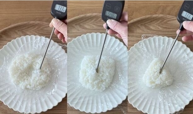 ドーナツ型はムラなし！四角形と三角おにぎり型は温め直しに…（▶パサつきは？）