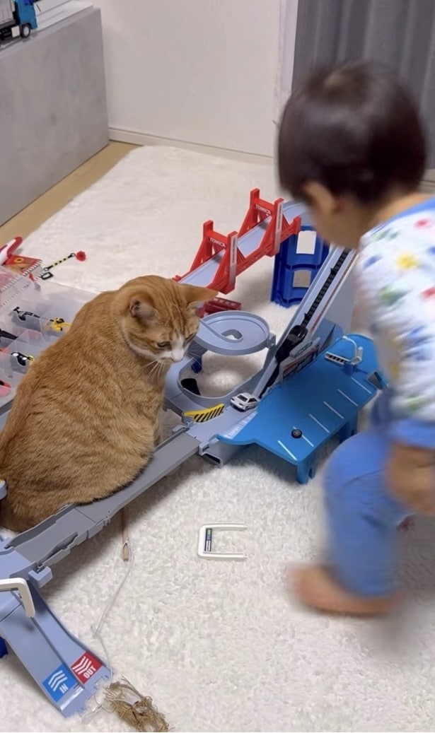 止まっていたミニカーが走り出す▶しかし一周するとまた…（⇒次へ）