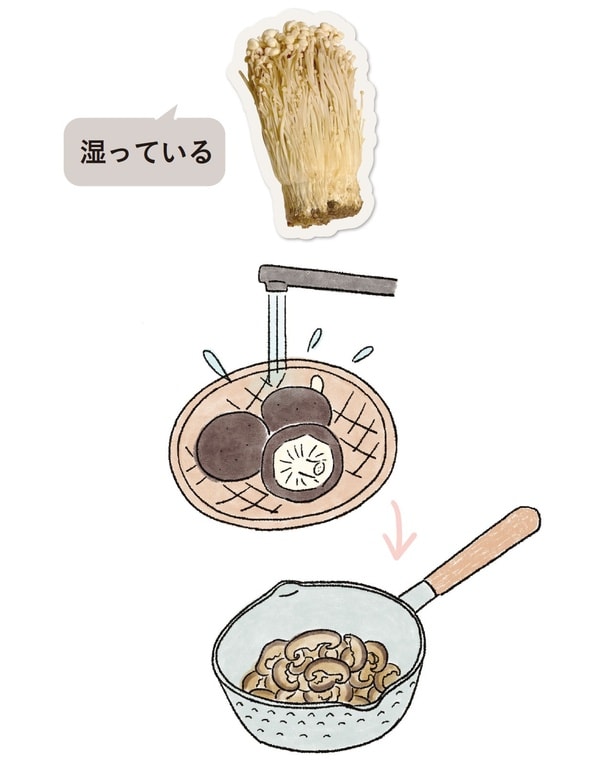 買ってきてから数日たって少し湿っている場合は、異臭や黒っぽいいたみがなければ、さっと洗ってぬめりを落とすと食べられます。なお、しいたけの表面の、ふわふわした白いものはカビではなく、気中菌糸というしいたけの一部で食べられますが、青や緑色ならかびなので、食べずに処分を