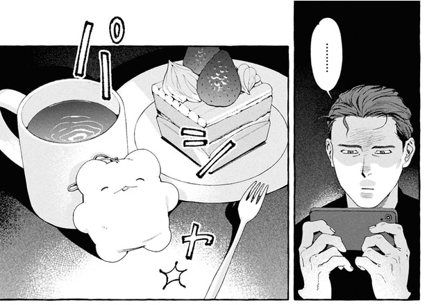 ケーキとぬいぐるみの写真を撮って