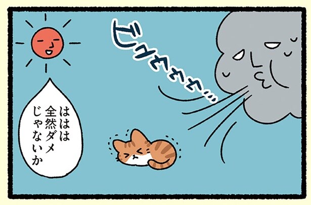 【北風と太陽とねこ】「全然ダメじゃないか」北風を笑うが、太陽もうまくいかず？