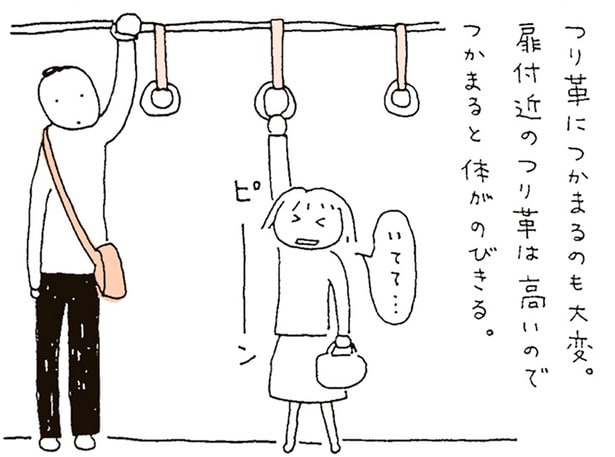 つり革は高いのでつかまると体がのびきる