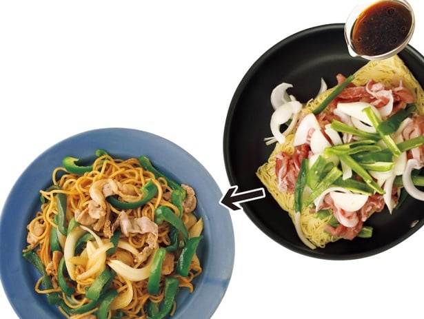 麺、具、調味料を一度に入れて水分を飛ばして仕上げるから早い！「スピード焼きそば」