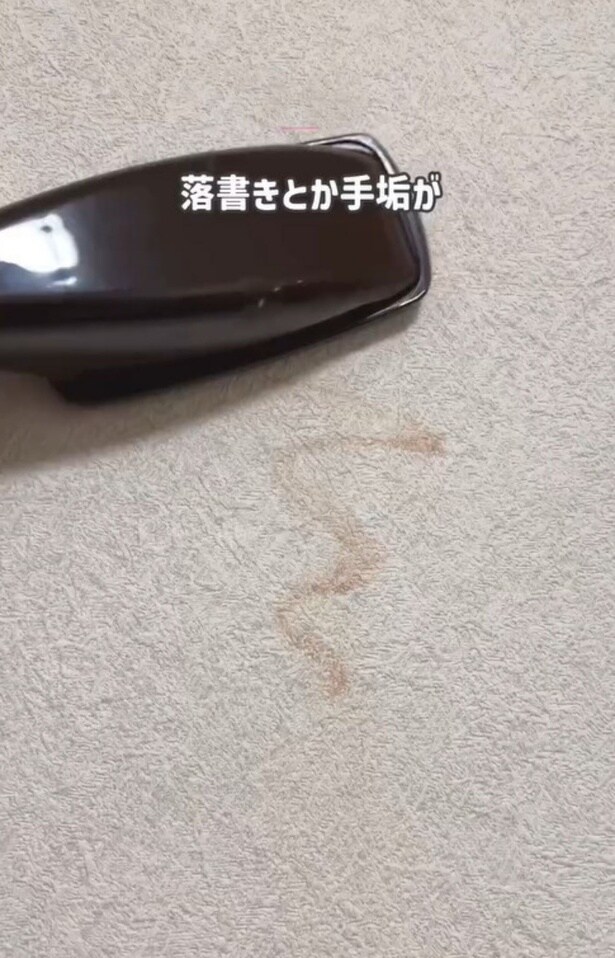 アルカリ電解水をスプレーしたブラシ▶壁をなぞると…(⇒次へ)
