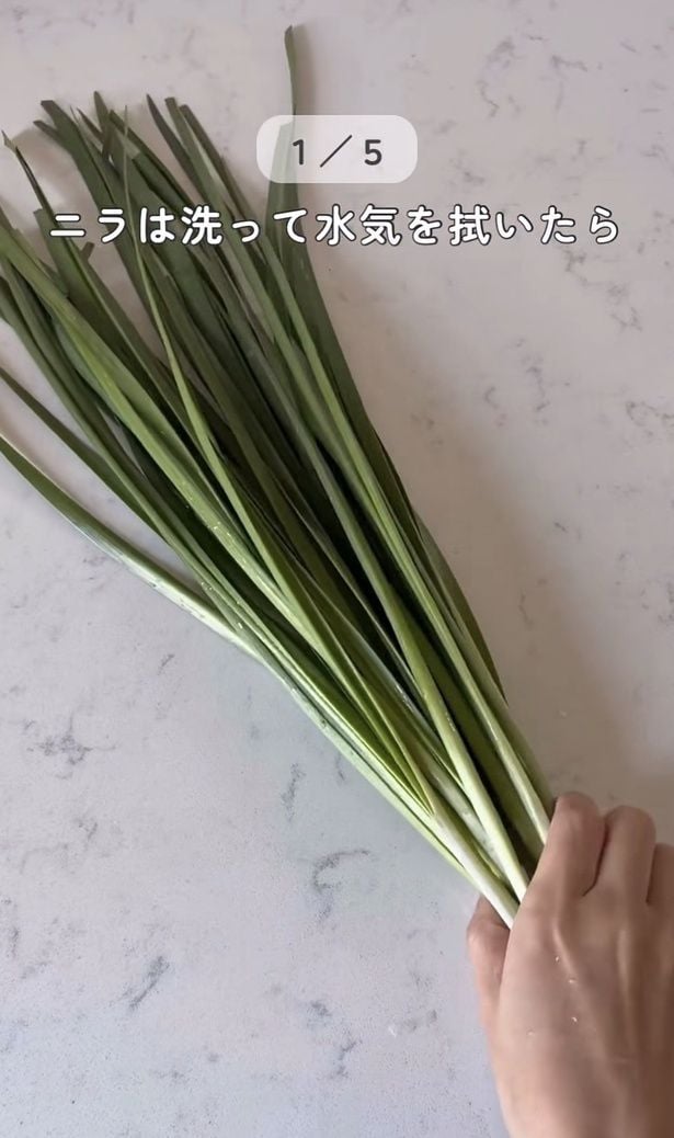 洗って水気を拭いたニラ（⇒次へ）