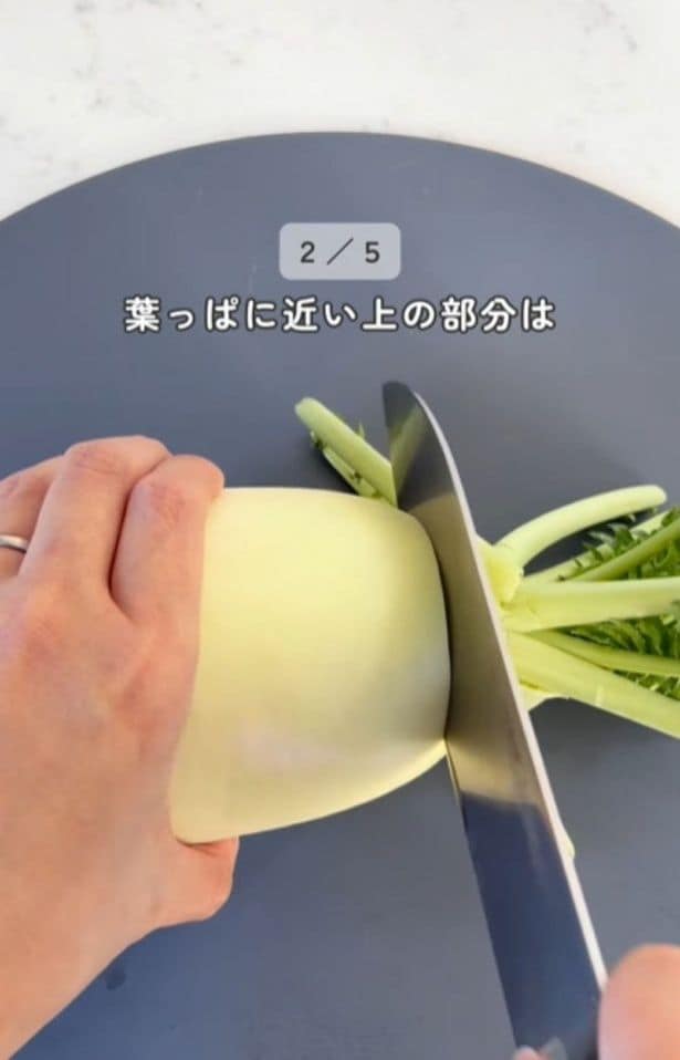 甘みのある葉っぱ部分はサラダがおすすめ▶根っこ部分は…（⇒次へ）