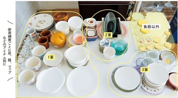 STEP1：ものを全部出す使用頻度ごとに皿、器、コップなどのアイテム別に