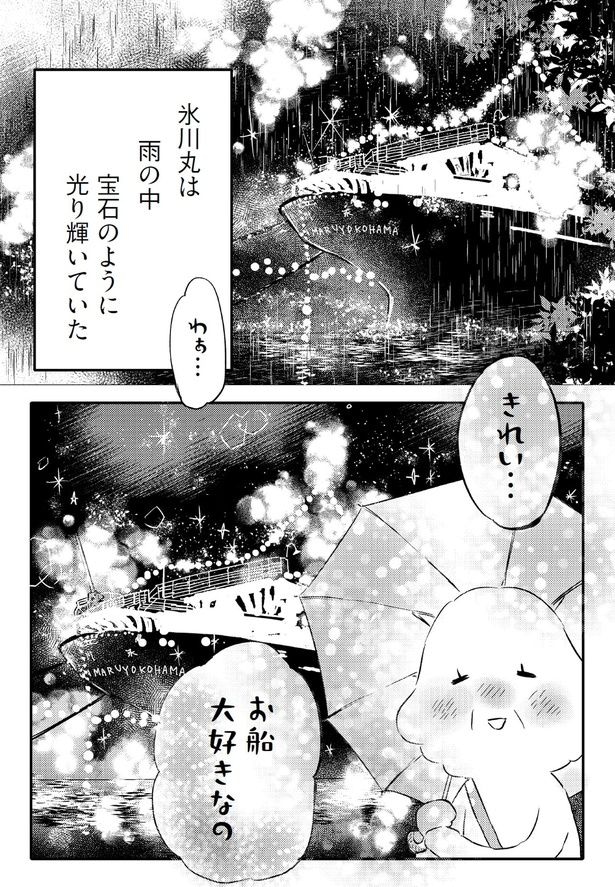 氷川丸は雨の中宝石のように光輝いていた
