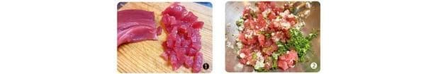 マグロの柵を細切りにして小さく刻む