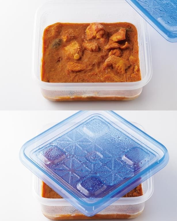【10】保存したものを食べるときは、冷凍したカレーは電子レンジ（500W）で5分加熱した後、よく混ぜてさらに3分加熱したらできあがり。