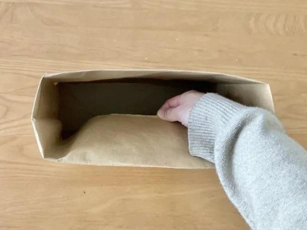 紙袋を野菜室に合うサイズに折りこむ(▶次へ)