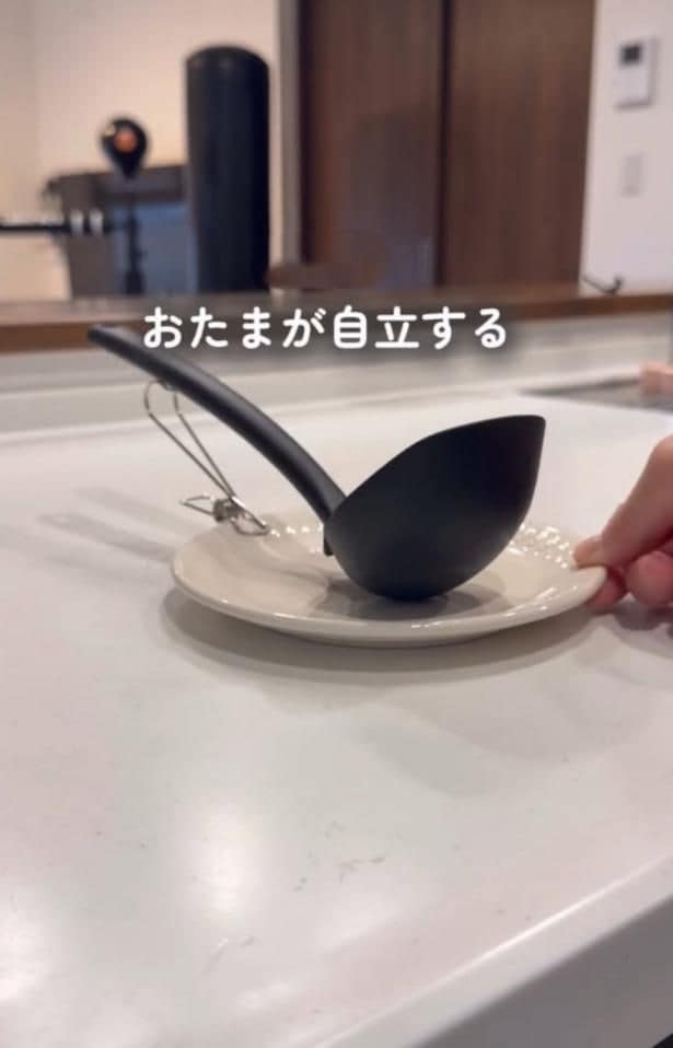 お玉スタンドに▶（次画像から財布も人生も豊かになるお金の整え方！『物事を「いる・いらない」に分けただけで、貯金ゼロから「貯められる人」になりました』が読めます）