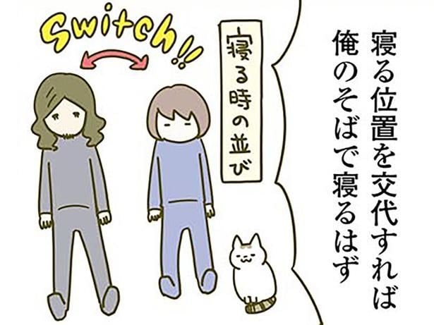 猫が寝る定位置は妻のそば。納得がいかない夫は、自分が寝る場所を変えてみると
