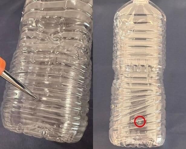 2ℓペットボトルの底から4㎝のところにキリで穴を開ける(▶次へ)