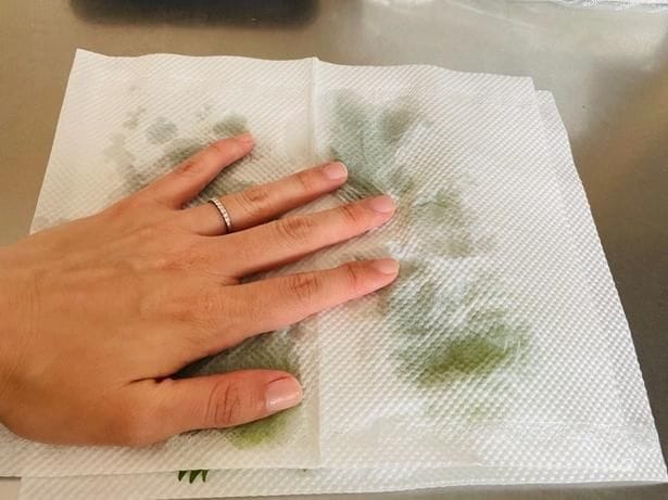もう一枚で挟み、しっかりと水気をとります（▶次へ）