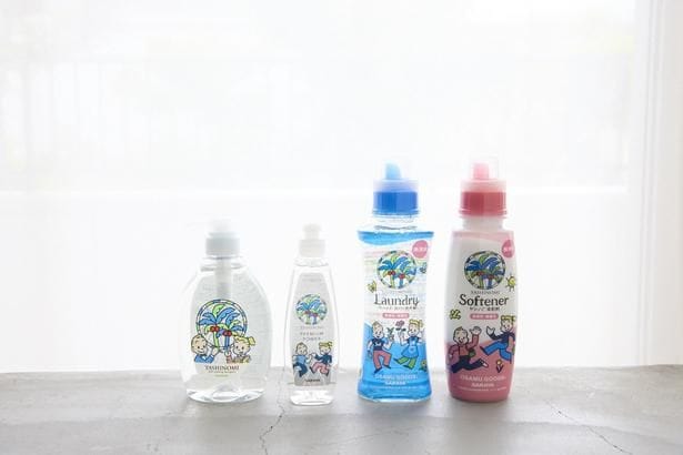 ラインナップは、ヤシノミ洗剤野菜・食器用、ヤシノミ洗剤プレミアムパワー、ヤシノミ洗たく洗剤、ヤシノミ柔軟剤の全4種類。