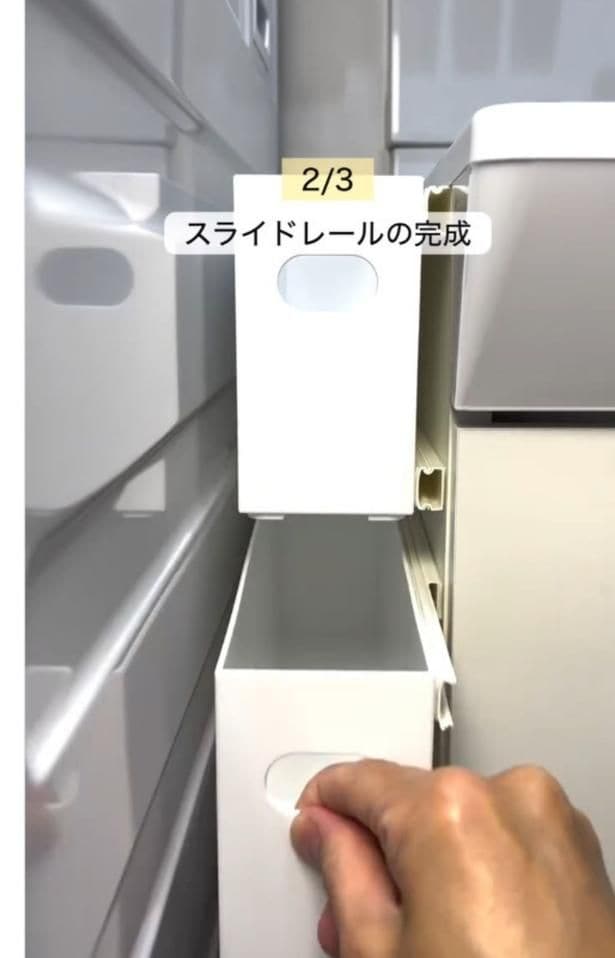 スライド式収納棚の完成▶洗剤や入浴剤はもちろん…(⇒次へ)
