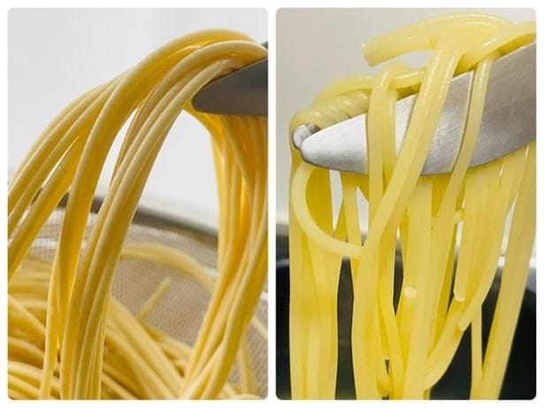 水につけた後の麺は白くて少し硬いが、ゆで終わるとツヤが出る(▶容器がない場合は?)