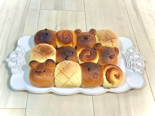 クマパン(チョコ入り)、メロンパン、チョコチップぱん、シナモンロール、メロンパン▶可愛いウサギのパンも！（⇒次へ）