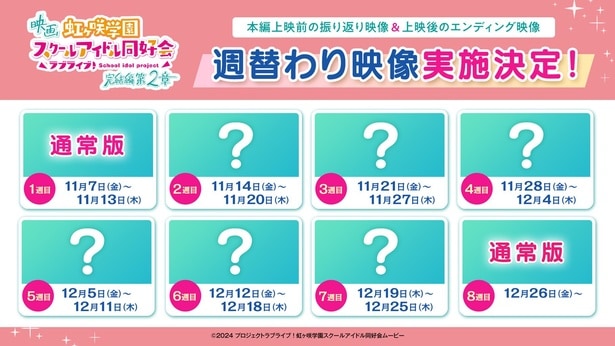 本編上映前の振り返り映像と上映後のエンディング映像が、2週目から週替わりで楽しめる