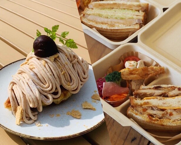 モンブランクロッフル(画像左、850円)。季節の食材を使ったランチボックス各種(画像右、1380円から) ※メニューは季節により異なる/並木カフェ メタセコイア