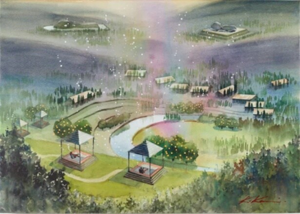 星のや飛鳥の完成イメージ。谷あいの地形を活かし、棚田や瓦屋根など飛鳥の風景になじむ低層の分棟型客室がそろう