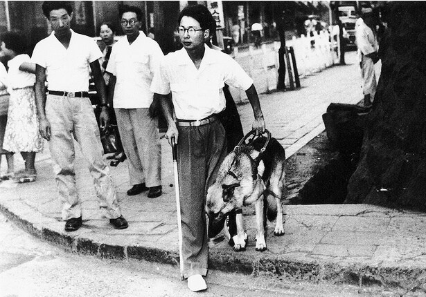 河相洌さんとチャンピイの歩行訓練を、傍で見守る塩屋さん(左)