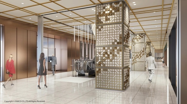 不均質な天井のグリッドや、ずれと回転による床のタイル貼り、幾何学的な椅子、素材の力を凝縮させた柱が象徴的