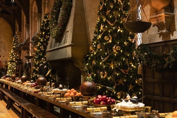 金色の装飾や暖炉まわりのリースが華やかに彩り、映画のシーンさながらの光景が目の前に