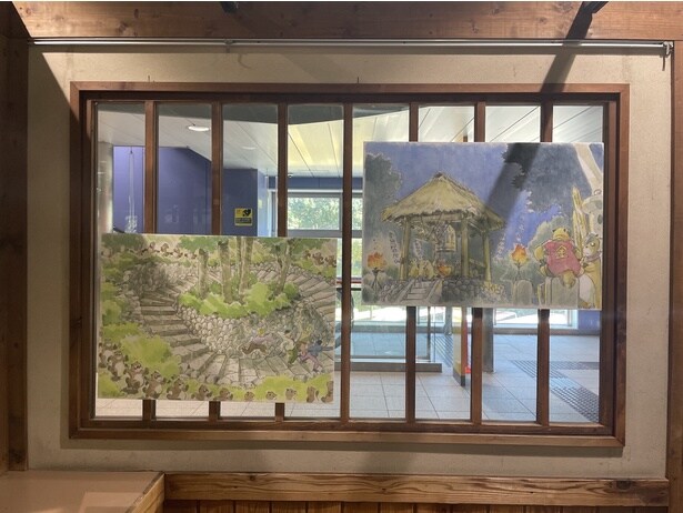  多摩動物公園駅の改札内待合所「ふれアート」で展示されているイラストボード