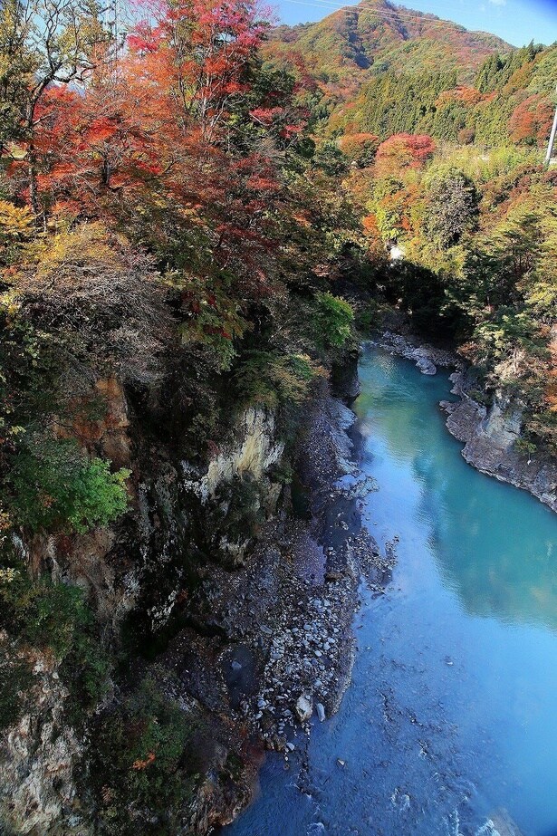 吾妻川の浸食でできた渓谷を紅葉が彩る/国指定名勝 吾妻峡の紅葉