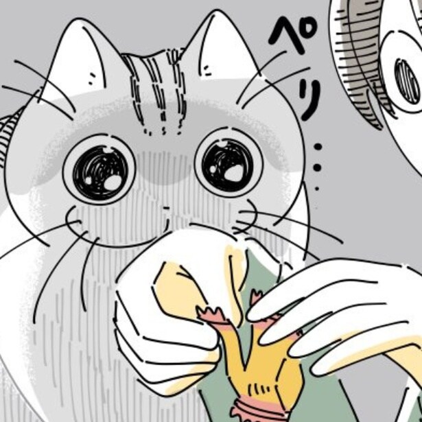 【ネコ漫画】飼い主がくれるおやつが大好きな愛猫!?その姿に「ネコあるある」「かわいい」などの共感コメントが殺到