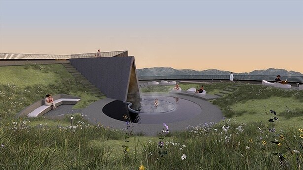 「御釜」をテーマにした開放的なルーフトップテラス