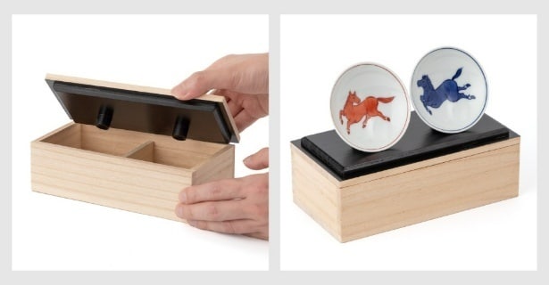 【写真】付属の木箱は、収納だけでなく盃の飾り台にもなる工夫が加えられている。飾って楽しめる酒器として、贈答品にも最適な逸品