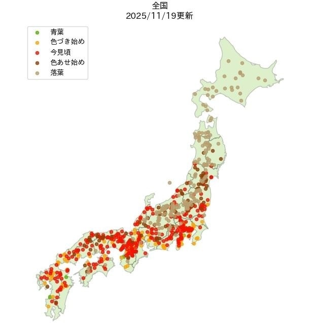 2025年の全国紅葉見頃状況の分布図(2025年11月19日現在)