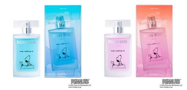 「ライジングウェーブ フリー ライトブルー オードトワレ スヌーピーデザイン」、「ライジングウェーブ フリー サンセットピンク オードトワレ スヌーピーデザイン」(ともに3850円)