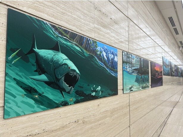 第1会場で紹介されていた古生物たちがユニークなイラストで一堂に