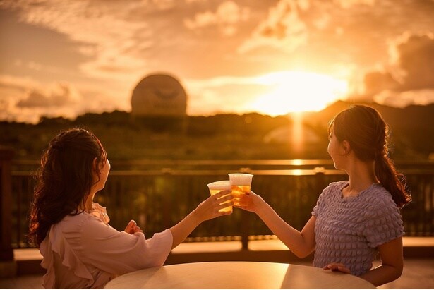 パークを一望できるテラスで乾杯！刻々と変わる夕暮れの空を眺めながら過ごす贅沢な時間