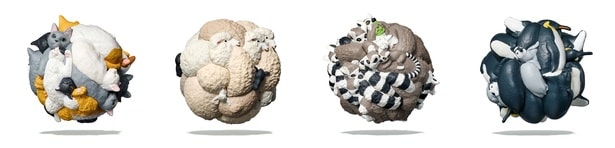 「ぎゅうぎゅう」のラインナップ。左からねこぎゅう、ひつじぎゅう、ワオキツネザルぎゅう、ぺんぎんぎゅう