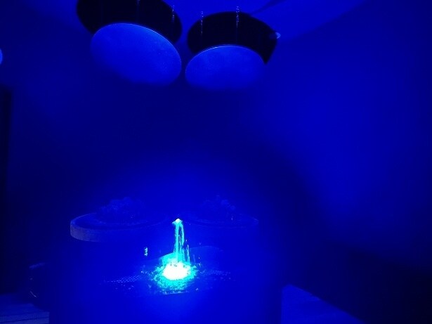 2台のサウナストーブの前に小さな噴水がある