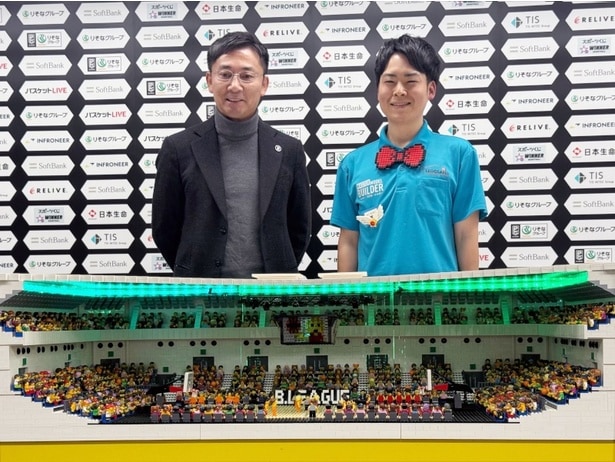 Bリーグチェアマンの島田慎二さん(写真左)、「レゴブロック横浜アリーナ」を手掛けた佐藤慧介さん(写真右)